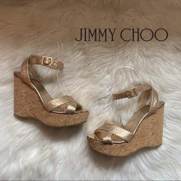 Jimmy Choo Shoes - JIMMY CHOO Front Logo Papyrus Metallic Cork Wedges
